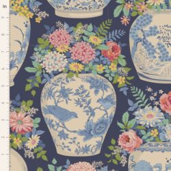 1/2 Metre Tilda Chic Escape Flower Vase Navy Blue Cotton Quilting Fabric